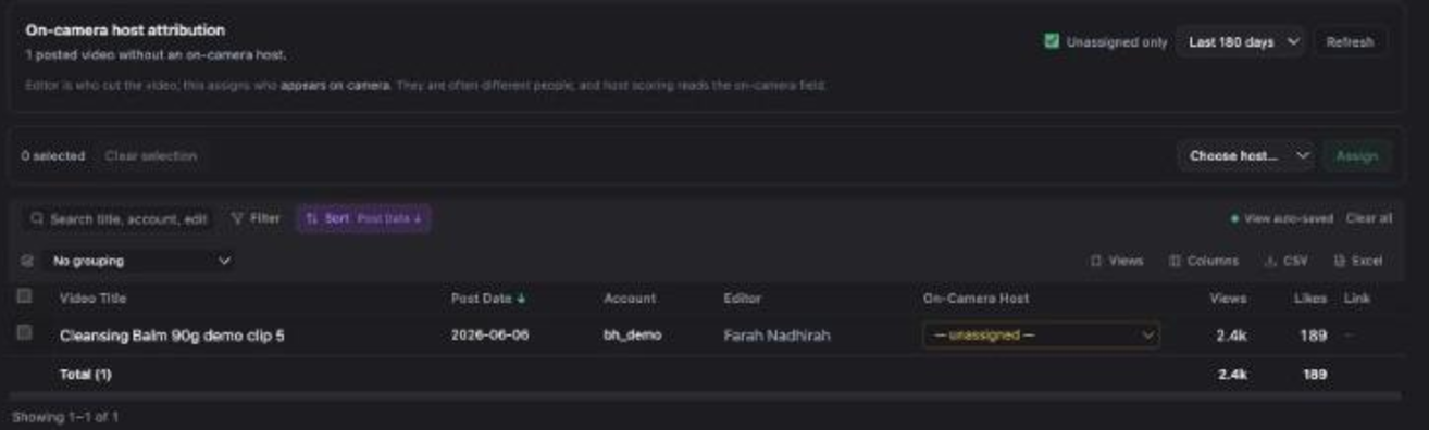 Inseller on-camera host attribution table with video title, post date, account, editor, on-camera host dropdown, views and likes