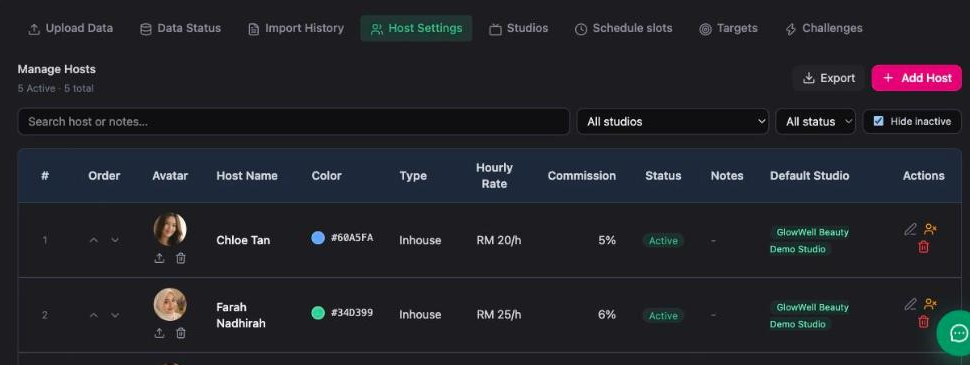 Inseller Manage Hosts 表格，含 Add Host 按钮，以及排序、头像、主播名、颜色、类型、时薪、提成、状态、备注和默认直播间等列
