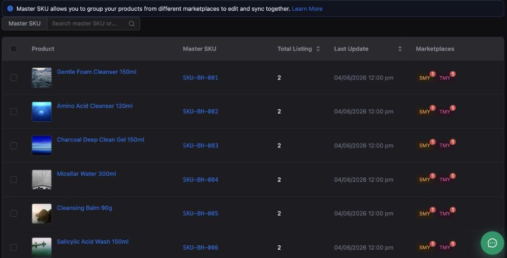 Inseller Master SKU list with product, master SKU code, total listing count, last update and marketplace badges