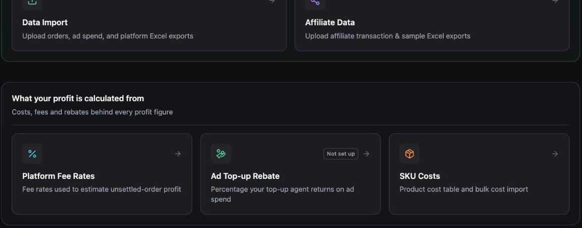 Inseller Settings hub with the SKU Costs card under the profit configuration group
