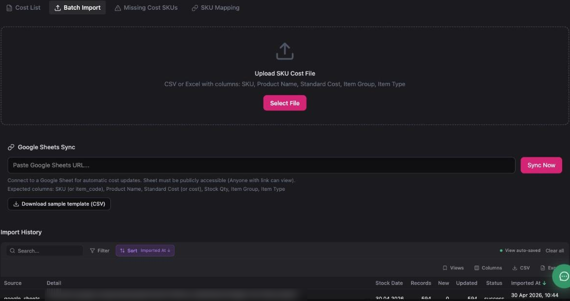 Inseller SKU Costs Batch Import tab with file upload, Google Sheets sync, sample template download and import history