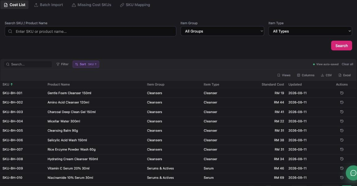 Inseller SKU Costs Cost List tab showing SKU, product name, item group, item type, standard cost and updated date