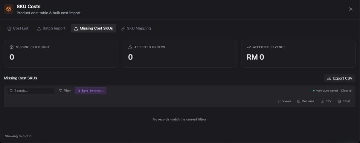 Inseller Missing Cost SKUs tab showing zero missing SKUs, zero affected orders and RM 0 affected revenue